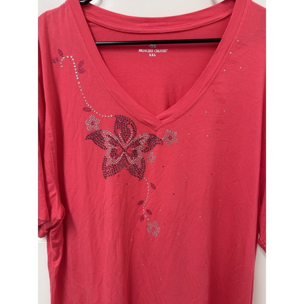 Princess Cruises XXL Pink Beaded Flower Vneck Blouse Rayon Spandex Top